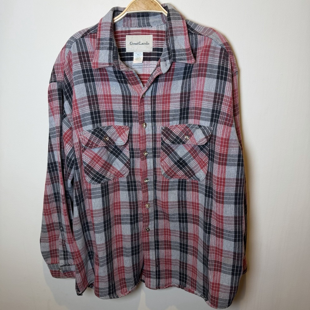 Vintage Greatland Flannel Mens 2XL Retro 80s 90s Tartan Plaid Button Up